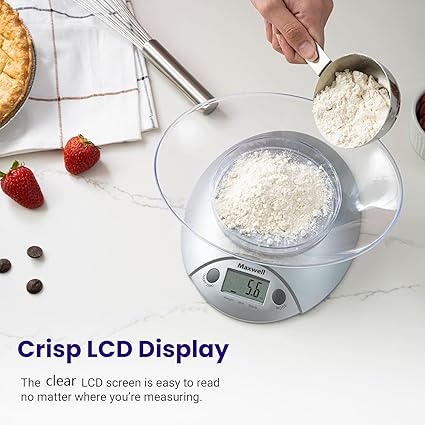 Connoisseur Digital Kitchen Scales with 0.6L Bowl – 5kg/11lb Capacity, ml & fl oz Liquid Measurement | Silver Food Scales with Tare Function & LCD Display | Compact, High - Precision Tool for Cooking & Baking - Digital Kitchen Scales - British D'sire