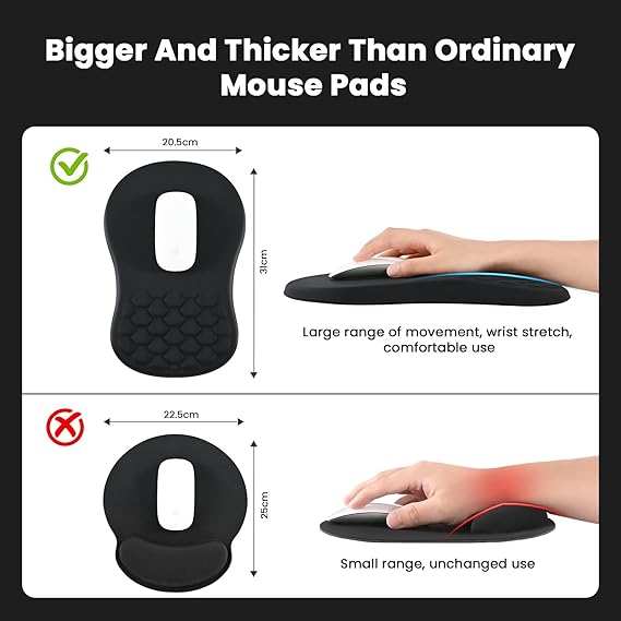 Connoisseur EooCoo Ergonomic Mouse Pad Wrist Support – 12x8 Inch Black | Pain Relief Mousepad with Memory Foam & Massage Design | Non - Slip Silicone Base for Comfort & Stability | Ideal for Office, Home, and Gaming Use - Mouse Pad - British D'sire