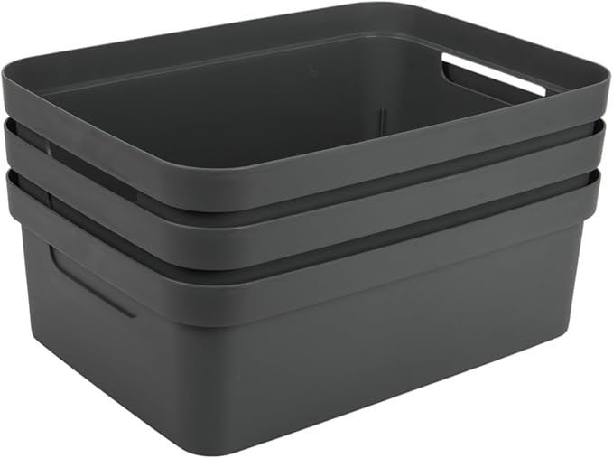 Connoisseur Jolie Max Plastic Storage Boxes – Set of 3, 19L Each | Dark Grey Matte Finish Decorative Organizers with Handles | Stackable & Nestable Space - Saving Design for Home & Office | Durable, Lightweight Storage Solution with Lids - Storage - British D'sire