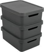 Connoisseur Jolie Max Plastic Storage Boxes – Set of 3, 19L Each | Dark Grey Matte Finish Decorative Organizers with Handles | Stackable & Nestable Space - Saving Design for Home & Office | Durable, Lightweight Storage Solution with Lids - Storage - British D'sire