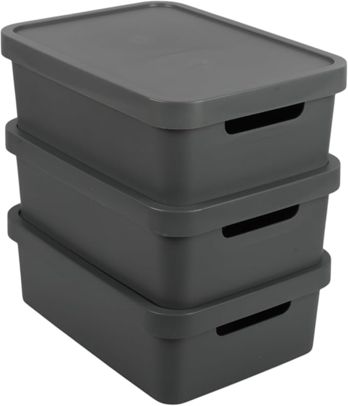Connoisseur Jolie Max Plastic Storage Boxes – Set of 3, 19L Each | Dark Grey Matte Finish Decorative Organizers with Handles | Stackable & Nestable Space - Saving Design for Home & Office | Durable, Lightweight Storage Solution with Lids - Storage - British D'sire