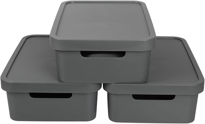 Connoisseur Jolie Max Plastic Storage Boxes – Set of 3, 19L Each | Dark Grey Matte Finish Decorative Organizers with Handles | Stackable & Nestable Space - Saving Design for Home & Office | Durable, Lightweight Storage Solution with Lids - Storage - British D'sire
