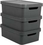 Connoisseur Jolie Max Plastic Storage Boxes – Set of 3, 19L Each | Dark Grey Matte Finish Decorative Organizers with Handles | Stackable & Nestable Space - Saving Design for Home & Office | Durable, Lightweight Storage Solution with Lids - Storage - British D'sire