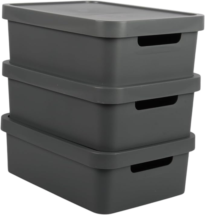 Connoisseur Jolie Max Plastic Storage Boxes – Set of 3, 19L Each | Dark Grey Matte Finish Decorative Organizers with Handles | Stackable & Nestable Space - Saving Design for Home & Office | Durable, Lightweight Storage Solution with Lids - Storage - British D'sire
