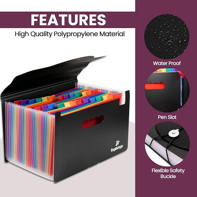 Connoisseur MaxFile A4 Document Organiser – 26 Folder File with Clips | Durable 34 x 25 x 4 cm PP Storage for Paperwork | Flap & Elastic Cord Closure, Unique Design for Office & Home | Includes Labels, Tags & Sticker Card for Easy Organization Secondary image