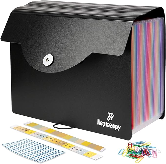 Connoisseur MaxFile A4 Document Organiser – 26 Folder File with Clips | Durable 34 x 25 x 4 cm PP Storage for Paperwork | Flap & Elastic Cord Closure, Unique Design for Office & Home | Includes Labels, Tags & Sticker Card for Easy Organization - Document Organiser - British D'sire Main image