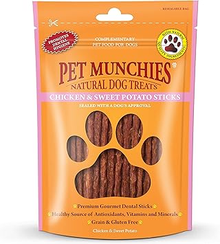Connoisseur Pet Munchies Chicken and Sweet Potato Dog Treats – Healthy Grain - Free Dental Sticks | 90g of Natural Real Meat Snacks for Dogs | Supports Dental Health, Easily Digestible & Nutrient - Rich - Dog Treats - British D'sire