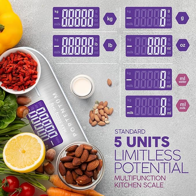 Connoisseur PORTENTUM Digital Kitchen Scales – 5kg/11lb Capacity with Large LCD Display | Stainless Steel Weighing Surface, Liquid Measurement & Tare Function | High - Precision Food Scales for Cooking & Baking (1g Accuracy) - Kitchen Scales - British D'sire