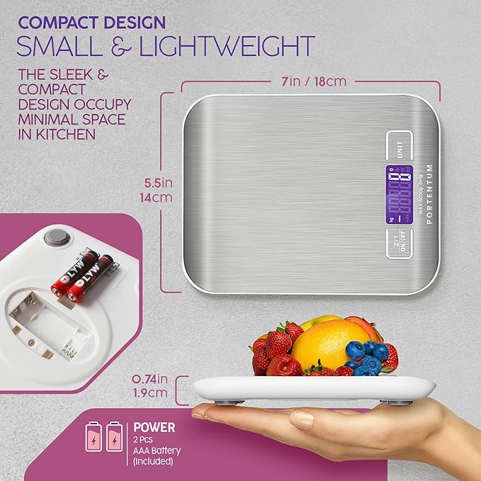 Connoisseur PORTENTUM Digital Kitchen Scales – 5kg/11lb Capacity with Large LCD Display | Stainless Steel Weighing Surface, Liquid Measurement & Tare Function | High - Precision Food Scales for Cooking & Baking (1g Accuracy) - Kitchen Scales - British D'sire
