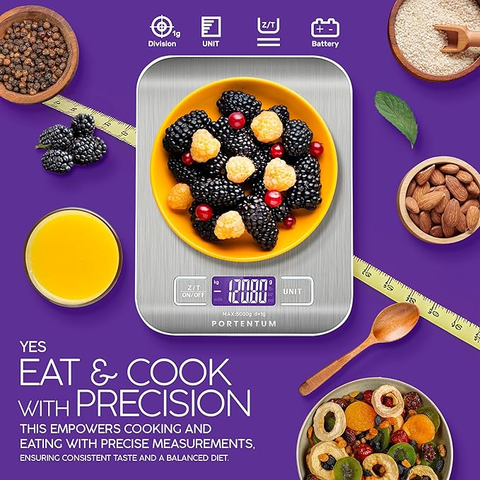 Connoisseur PORTENTUM Digital Kitchen Scales – 5kg/11lb Capacity with Large LCD Display | Stainless Steel Weighing Surface, Liquid Measurement & Tare Function | High - Precision Food Scales for Cooking & Baking (1g Accuracy) - Kitchen Scales - British D'sire