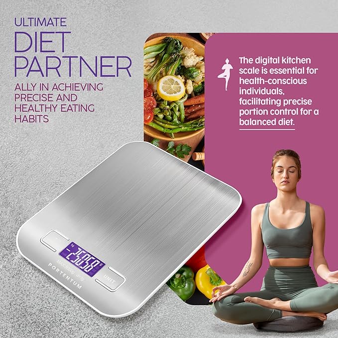 Connoisseur PORTENTUM Digital Kitchen Scales – 5kg/11lb Capacity with Large LCD Display | Stainless Steel Weighing Surface, Liquid Measurement & Tare Function | High - Precision Food Scales for Cooking & Baking (1g Accuracy) - Kitchen Scales - British D'sire