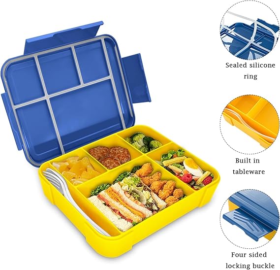 Connoisseur SiHuiTu 1330ml Bento Lunch Box with 6 Compartments – Leak - Proof Lunch Box with Cutlery Set | Durable Snack Box for Adults & Kids | Perfect for School, Kindergarten & Office | Blue - Yellow Design for Organized & Fresh Meals - Lunch Box Sets - British D'sire