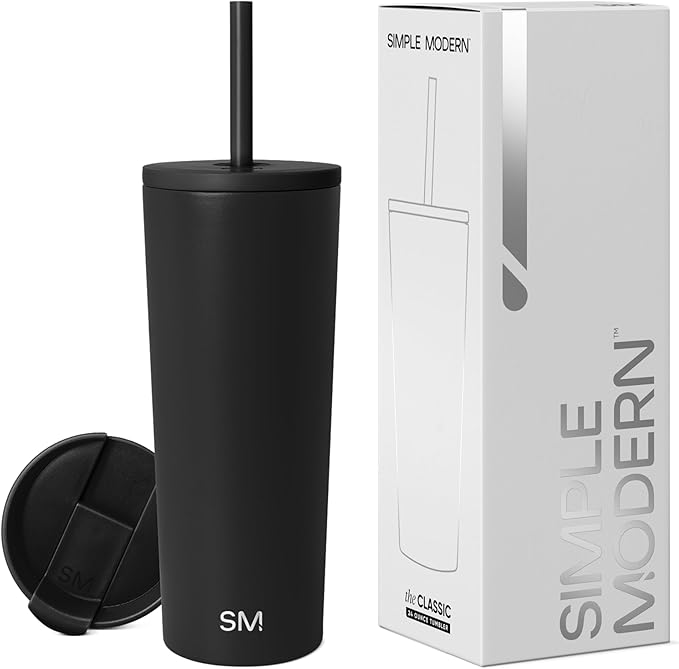 Connoisseur Simple Modern Insulated Tumbler with Lid and Straw, 710ml | Reusable Stainless Steel Water Bottle & Iced Coffee Cup | Travel Mug for Women, Men, and All Gifting Occasions | Midnight Black, Classic Collection - Insulated Glass - British D'sire