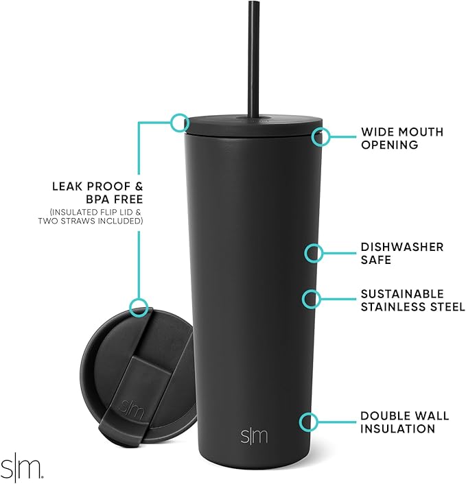 Connoisseur Simple Modern Insulated Tumbler with Lid and Straw, 710ml | Reusable Stainless Steel Water Bottle & Iced Coffee Cup | Travel Mug for Women, Men, and All Gifting Occasions | Midnight Black, Classic Collection - Insulated Glass - British D'sire Main image