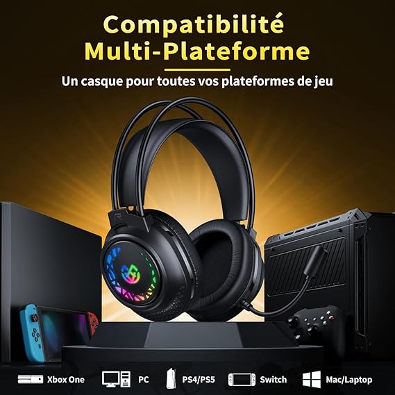 Connoisseur Tatybo Wired Gaming Headset for PS5, PS4, Xbox Series X/S, Switch & PC | Stereo Surround Sound Headphones with Noise - Cancelling Mic & LED Lights | Comfortable, Durable Design for Gamers Seeking Immersive Audio - Headsets - British D'sire Main image