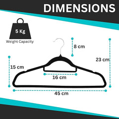 Connoisseur VelvetPro Non - Slip Velvet Hangers – 50 Pack Black | Space - Saving 0.6 cm Thick, 45 cm Long Clothes Hangers with Tie Bar & 360° Swivel Hook | Durable & Stylish for Dresses, Trousers, Coats | Ideal for Wardrobe Organization - Velvet Hangers - British D'sire