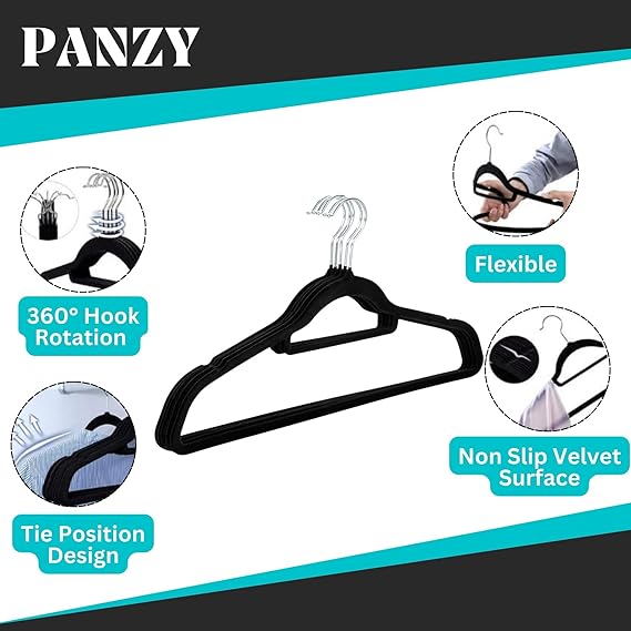 Connoisseur VelvetPro Non - Slip Velvet Hangers – 50 Pack Black | Space - Saving 0.6 cm Thick, 45 cm Long Clothes Hangers with Tie Bar & 360° Swivel Hook | Durable & Stylish for Dresses, Trousers, Coats | Ideal for Wardrobe Organization - Velvet Hangers - British D'sire