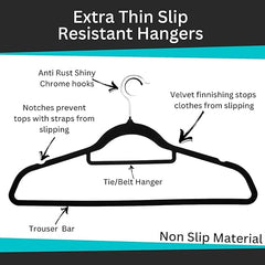 Connoisseur VelvetPro Non - Slip Velvet Hangers – 50 Pack Black | Space - Saving 0.6 cm Thick, 45 cm Long Clothes Hangers with Tie Bar & 360° Swivel Hook | Durable & Stylish for Dresses, Trousers, Coats | Ideal for Wardrobe Organization - Velvet Hangers - British D'sire