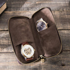 Contacts Family CF1114 Leather Watch Box Retro Crazy Horse Leather Zipper Couple Watch Bag(Coffee) - British D'sire