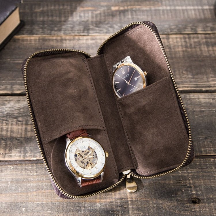 Contacts Family CF1114 Leather Watch Box Retro Crazy Horse Leather Zipper Couple Watch Bag(Coffee) - British D'sire