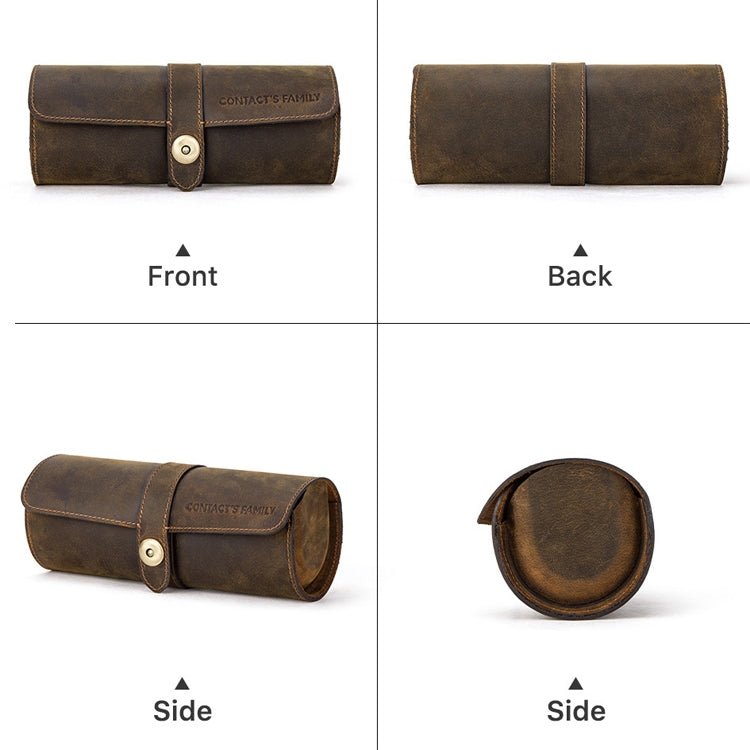 CONTACTS FAMILY CF1117 Retro Crazy Horse Texture Leather Watch Box Round Buckle Storage Box,Capacity: Can Hold 3 Watches(Coffee) - British D'sire