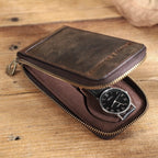 Contacts Family CF1121 Retro Crazy Horse Leather Watch Storage Box Single Watch Seat Portable Watch Zipper Bag(Coffee) - British D'sire