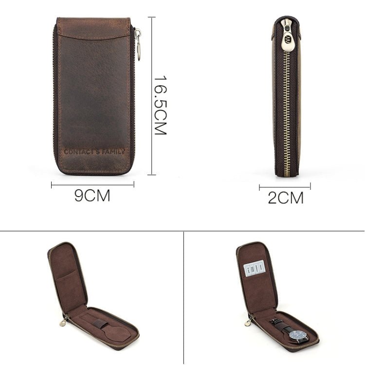 Contacts Family CF1121 Retro Crazy Horse Leather Watch Storage Box Single Watch Seat Portable Watch Zipper Bag(Coffee) - British D'sire