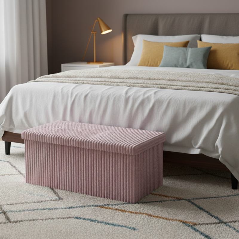 Corduroy Rectangle Storage Box with Lid Elegant Organizer for Any Room - Blush Pink - British D'sire