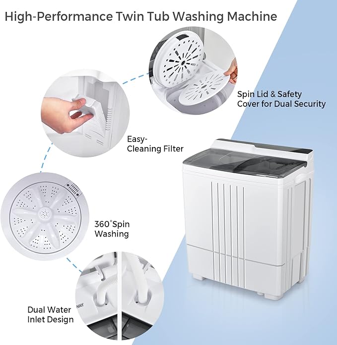 COSTWAY Twin Tub Washing Machine, 4.5KG/6KG/8.5KG Total Capacity Portable Laundry Washer Spin Dryer with Timing Function & Drain Pump for Apartment Dorms Camping (Grey+White, 4.5kg Washer+1.5kg Dryer) [Energy Class E] - Portable Washers - British D'sire