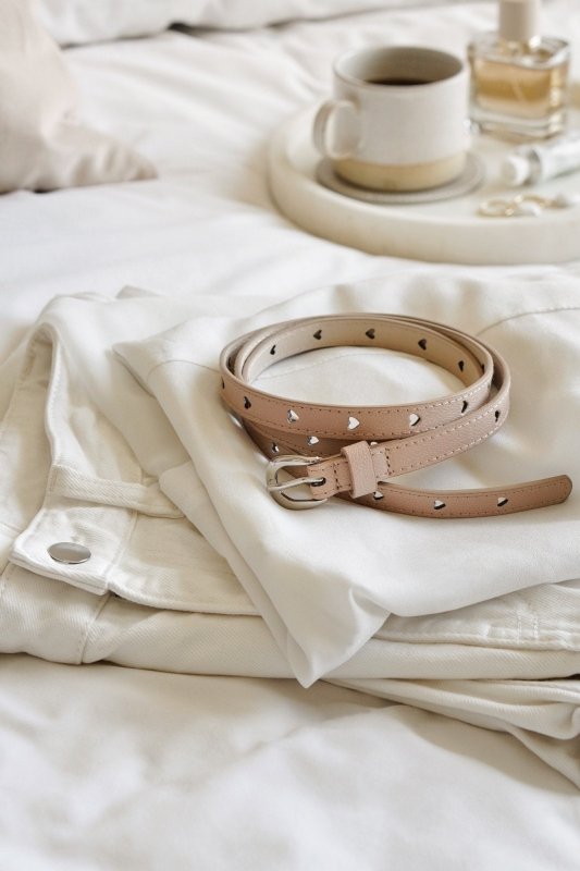 Cream PU Skinny Belt with Heart Holes - Belts - British D'sire Main image