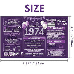 Crenics Purple 50th Birthday Decorations for 1974, Back in 1974 Birthday Backdrop Banner 5.9 x 3.6 Ft, 50 Years Old Birthday Party Supplies for Women - British D'sire