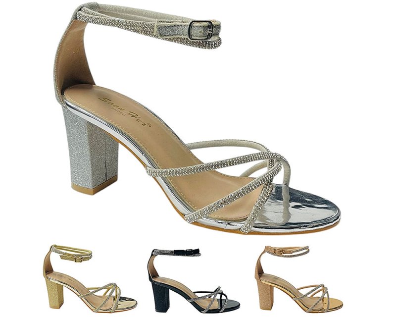 Crossover Block Heel Diamante Strappy Shoes - Heels - British D'sire Main image