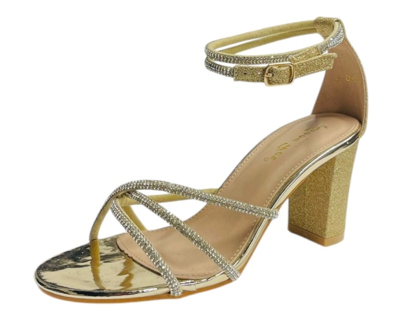 Crossover Block Heel Diamante Strappy Shoes - Heels - British D'sire