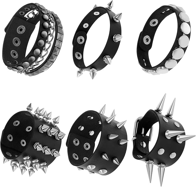 Dacitiery 6 Pcs Punk Studded Bracelet Rivets Bracelet, Black Metal Spike Studded Rivets Bracelet Cuff for Mens Womens Rock Vintage Gothic Style Adult - Women's Bracelets - British D'sire Main image