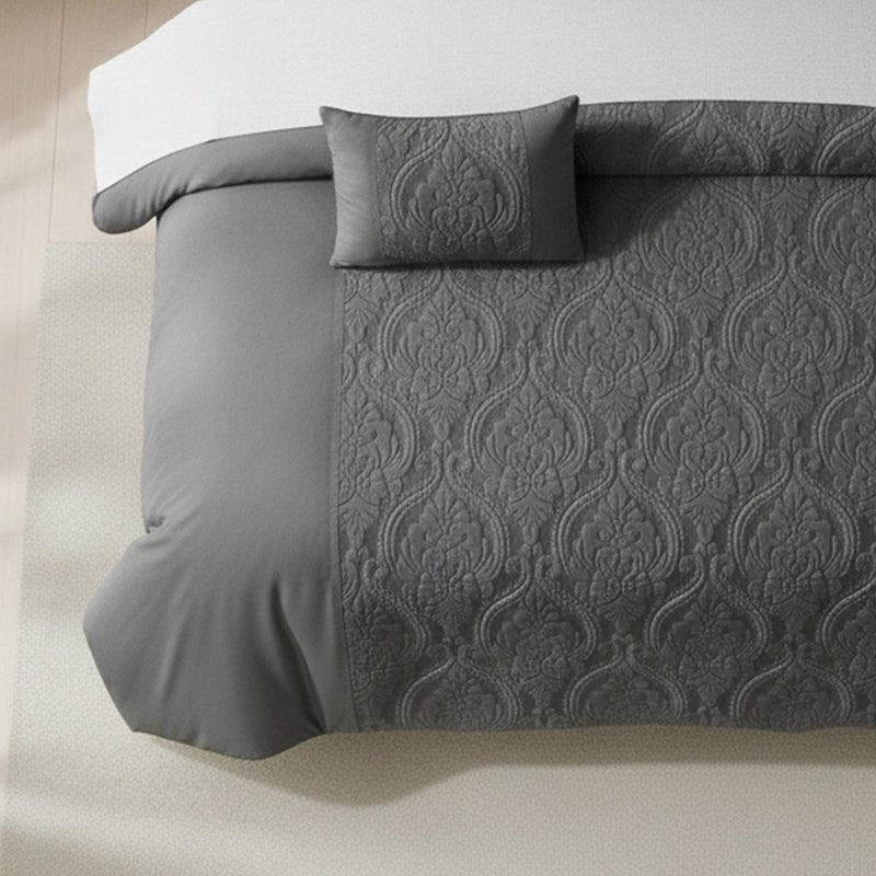 Damask Velvet Border Duvet Cover Elegant Soft Touch Luxury Bedding - Double - Grey - British D'sire