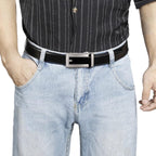 Dandali Men Leather Automatic Buckle Belt, Length: 130cm(Silver) - British D'sire