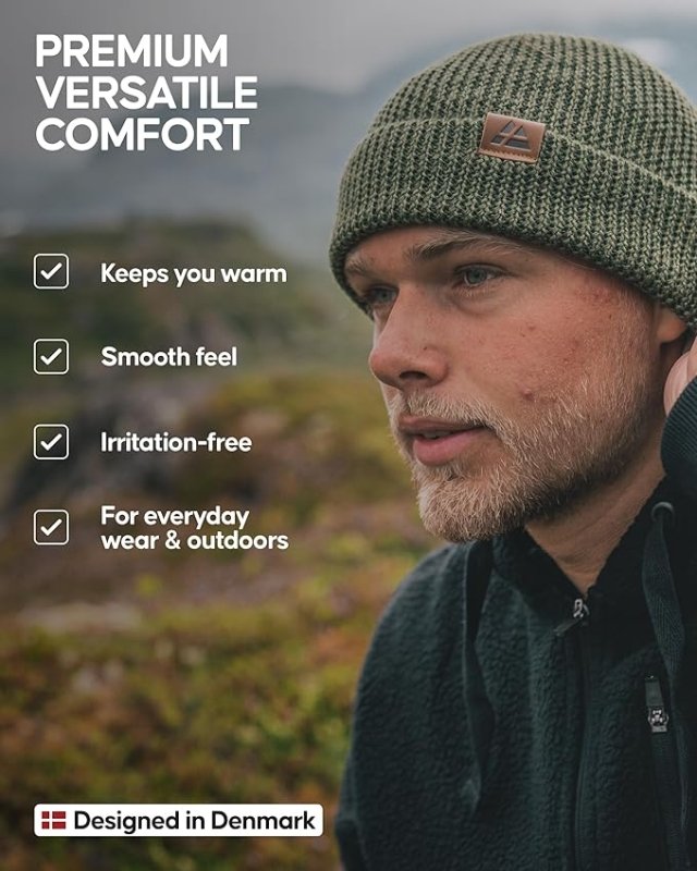 DANISH ENDURANCE Merino Wool Beanie Hat, Warm Fleece Lining, Thermal Autumn Winter Hats, Fisherman Beanie, Knit, for Men and Women, Unisex Secondary image