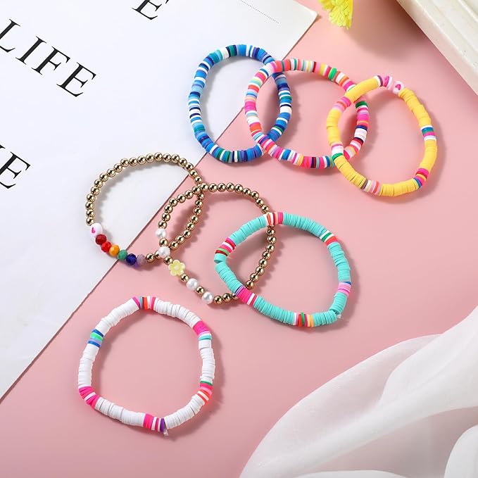 Del Corso 7Pcs Preppy Bracelet Set Colorful Heishi Surfer Clay Bead Bracelets Preppy Jewelry Evil Eye Beaded Stretch Bracelet Stackable Elastic Layering Bracelets Boho Summer Beach Bracelets for Women Girls - Bracelets - British D'sire