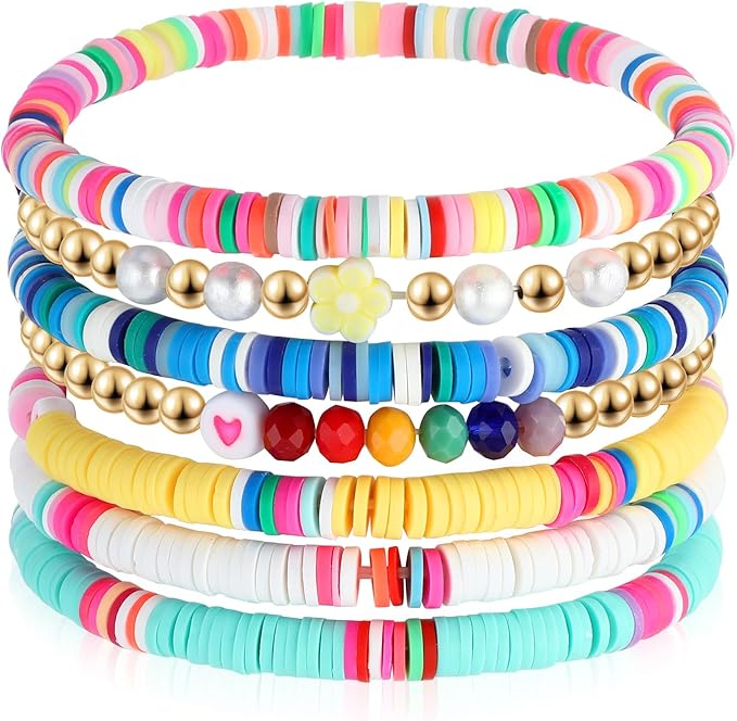 Del Corso 7Pcs Preppy Bracelet Set Colorful Heishi Surfer Clay Bead Bracelets Preppy Jewelry Evil Eye Beaded Stretch Bracelet Stackable Elastic Layering Bracelets Boho Summer Beach Bracelets for Women Girls - Bracelets - British D'sire