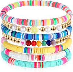 Del Corso 7Pcs Preppy Bracelet Set Colorful Heishi Surfer Clay Bead Bracelets Preppy Jewelry Evil Eye Beaded Stretch Bracelet Stackable Elastic Layering Bracelets Boho Summer Beach Bracelets for Women Girls - Bracelets - British D'sire