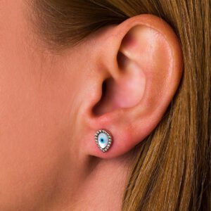 Del Corso Evil Eye Drop Stud Earrings – 9K Solid Gold, 1.1cm Lightweight Studs for Women – Handmade Spiritual Jewelry with Zircon for Daily Protection and Elegant Minimalist Style - Stud Earrings - British D'sire
