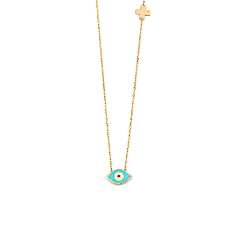 Del Corso Evil Eye Necklace with Cross – 14K Yellow Gold with Enamel – Perfect for Women – Hypoallergenic & Durable – Spiritual Protective Jewelry for Daily Elegance and Special Occasions - Necklace - British D'sire