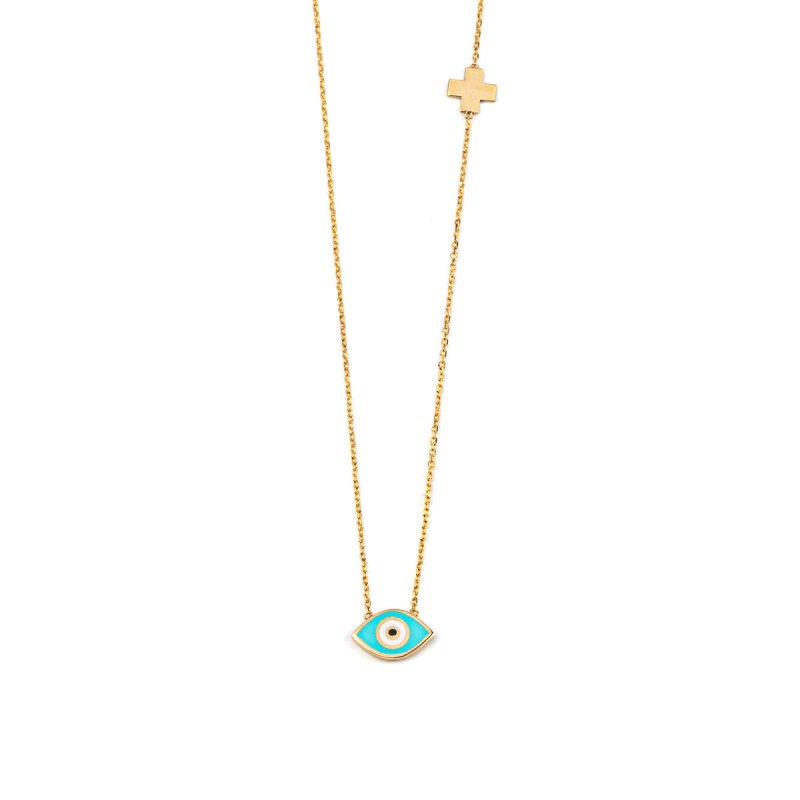 Del Corso Evil Eye Necklace with Cross – 14K Yellow Gold with Enamel – Perfect for Women – Hypoallergenic & Durable – Spiritual Protective Jewelry for Daily Elegance and Special Occasions - Necklace - British D'sire