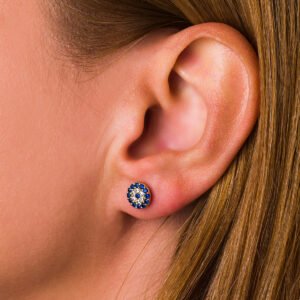 Del Corso Evil Eye Round Stud Earrings – 9K Solid Gold, 0.8cm Lightweight Zircon Studs for Women – Handmade Greek Jewelry for Spiritual Protection and Everyday Elegance Secondary image