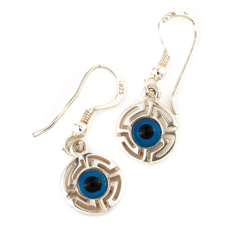 Del Corso Meandros Evil Eye Earrings – 925 Sterling Silver, 1.1 cm, 2g Lightweight Greek Key Studs for Women, Handmade Protection Jewelry to Ward Off Negativity and Enhance Style - Earrings - British D'sire Main image