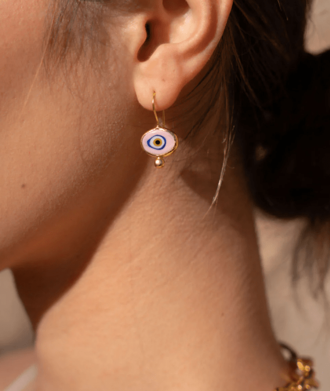 Del Corso Ottoman Hands Alara Pink Evil Eye Drop Earrings – 21ct Gold-Plated Recycled Brass, Handcrafted Jewelry for Women, Protective Symbol with Vibrant Pink Evil Eye & Elegant Design Secondary image