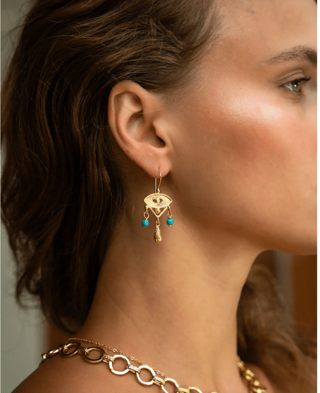 Del Corso Ottoman Hands Zahra Turquoise Evil Eye Drop Earrings – 21ct Gold-Plated Recycled Brass, Handcrafted Jewelry for Women, Protective Symbol with Vibrant Turquoise Beads & Elegant Movement Secondary image