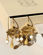 Del Corso Ottoman Hands Zahra Turquoise Evil Eye Drop Earrings – 21ct Gold - Plated Recycled Brass, Lightweight & Elegant Jewelry for Women, Protective Symbol with Vibrant Turquoise Beads - Earrings - British D'sire