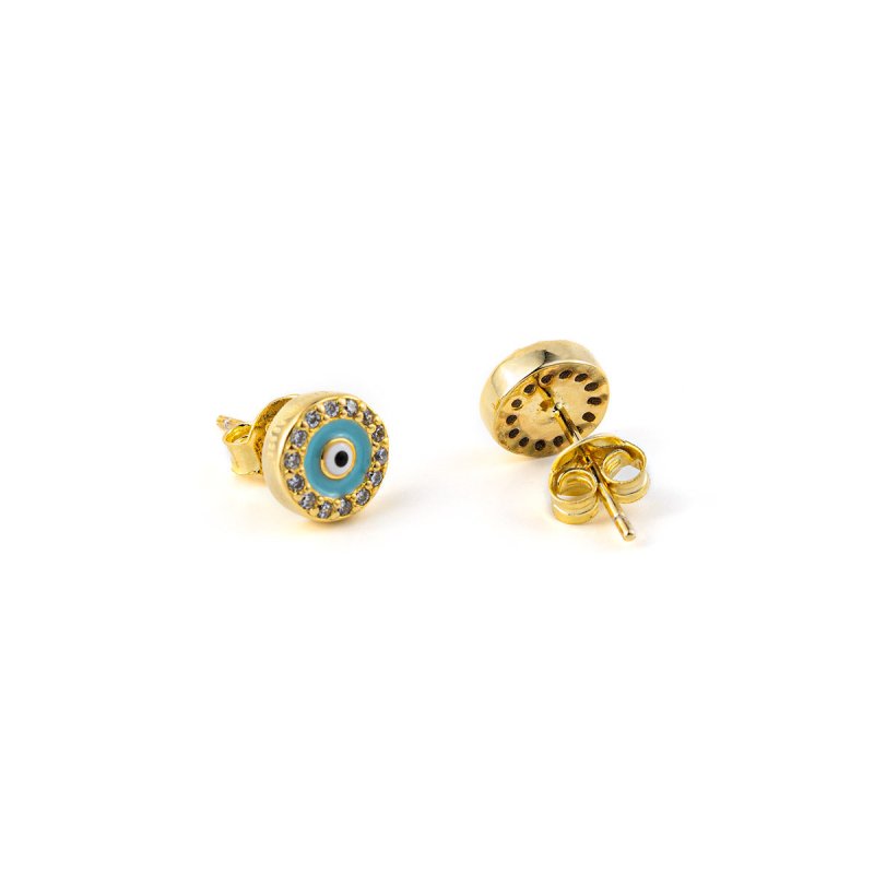 Del Corso Stud Evil Eye Earrings with Zircon – Sterling Silver Gold Plated, 1cm Lightweight 1.2g for Women – Handmade Spiritual Jewelry for Daily Protection and Elegant Style - Earrings - British D'sire