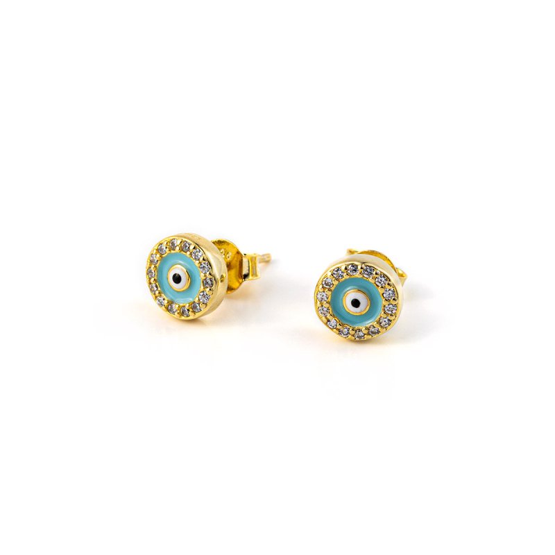 Del Corso Stud Evil Eye Earrings with Zircon – Sterling Silver Gold Plated, 1cm Lightweight 1.2g for Women – Handmade Spiritual Jewelry for Daily Protection and Elegant Style - Earrings - British D'sire Main image